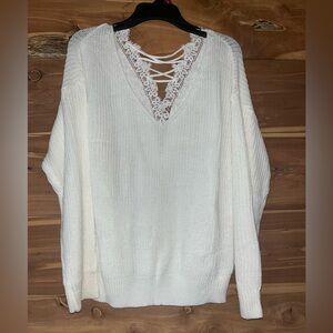 SHEIN White Lace Back V-Neck Sweater